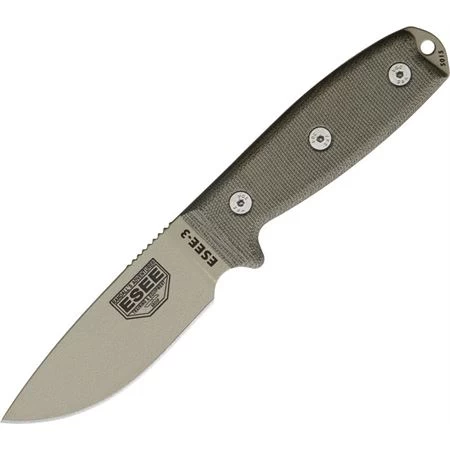 ESEE 3PMDT Model 3 Standard Edge Fixed "Super Tuff" Textured Blade Knife With OD Green Canvas Micarta Handles