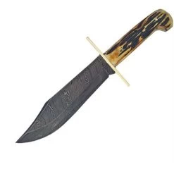 Bear & Son 500D34 Bowie Damascus Clip Point Fixed Blade Knife With Imitation Stag Handle