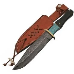 Damascus 1149 Bowie Knife With Horn And Turquoise Handle